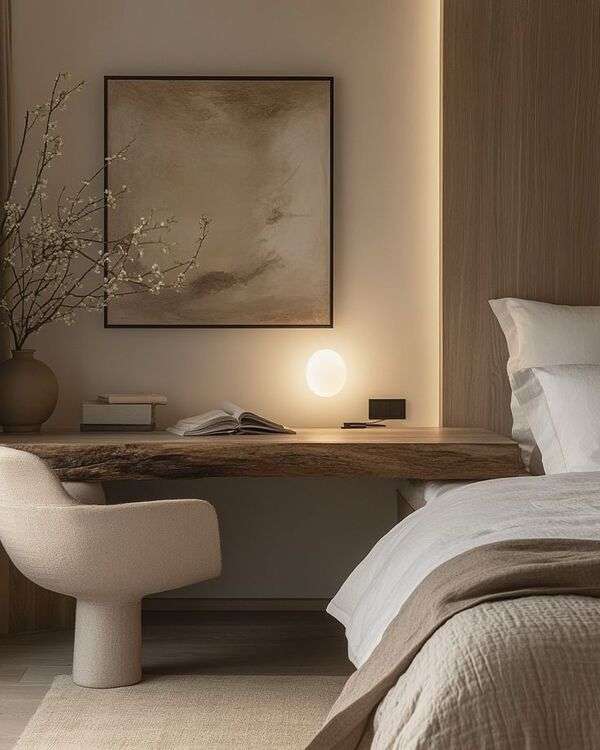 Bilik tidur minimalis dengan pencahayaan lembut untuk suasana malam